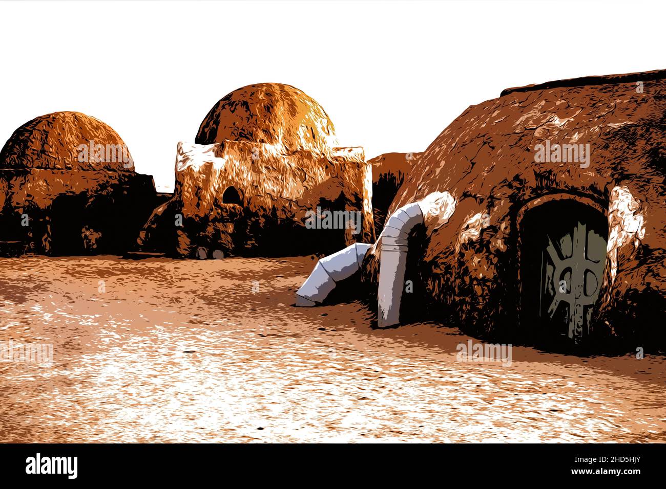 Illustration. Tunisia. Abandoned scenery of the planet Tatooine for the filming of Star Wars in the Sahara Desert Stock Photo