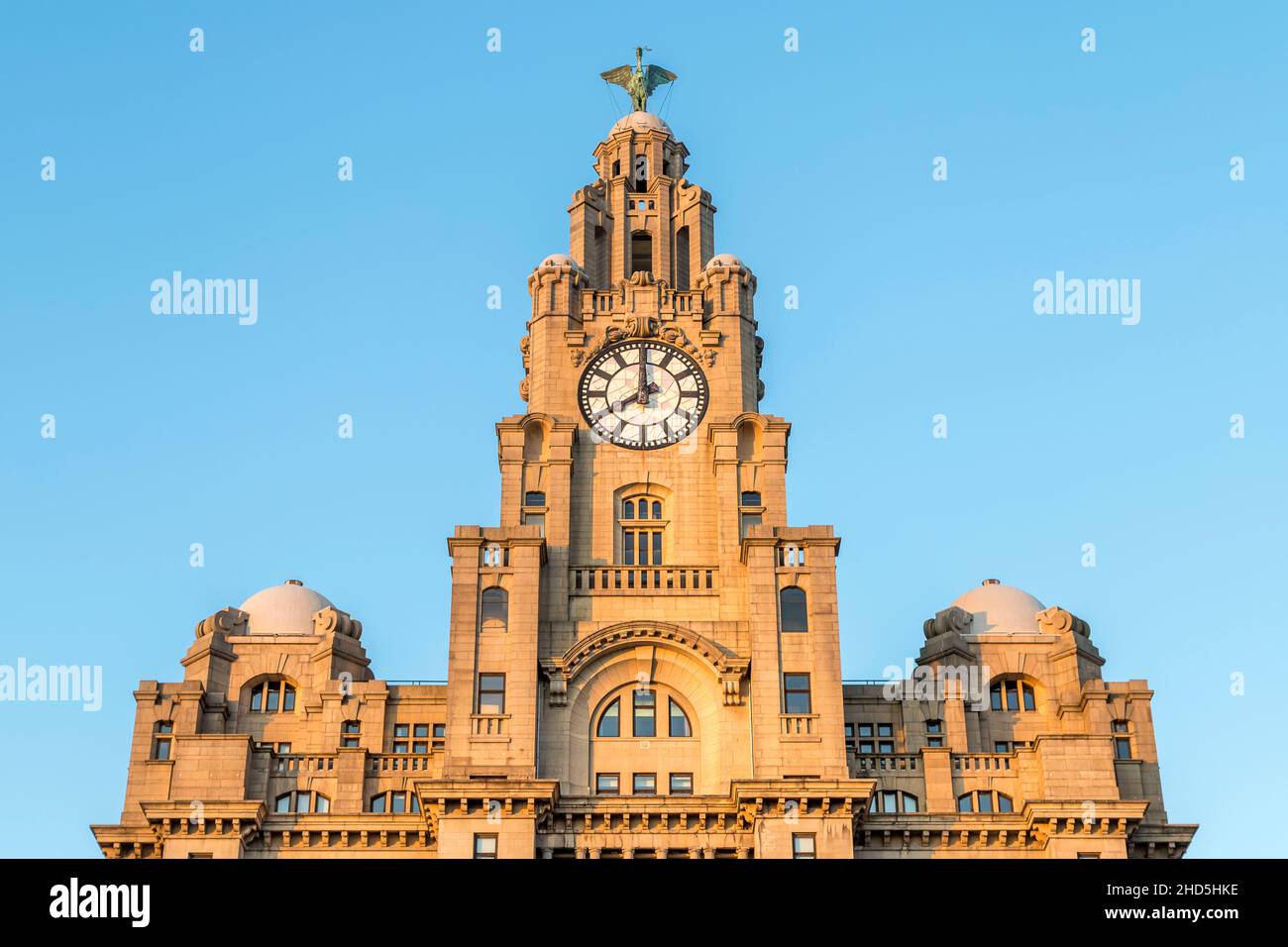 Looking up at one of the clock towers on the Royal Liver Building. Stock Photo