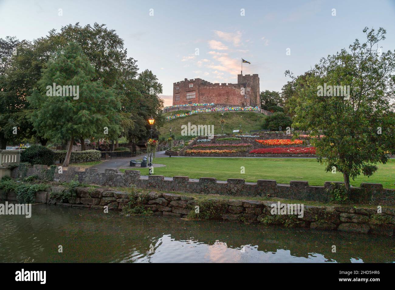 Tamworth Castle seen over the River Anker. Stock Photo