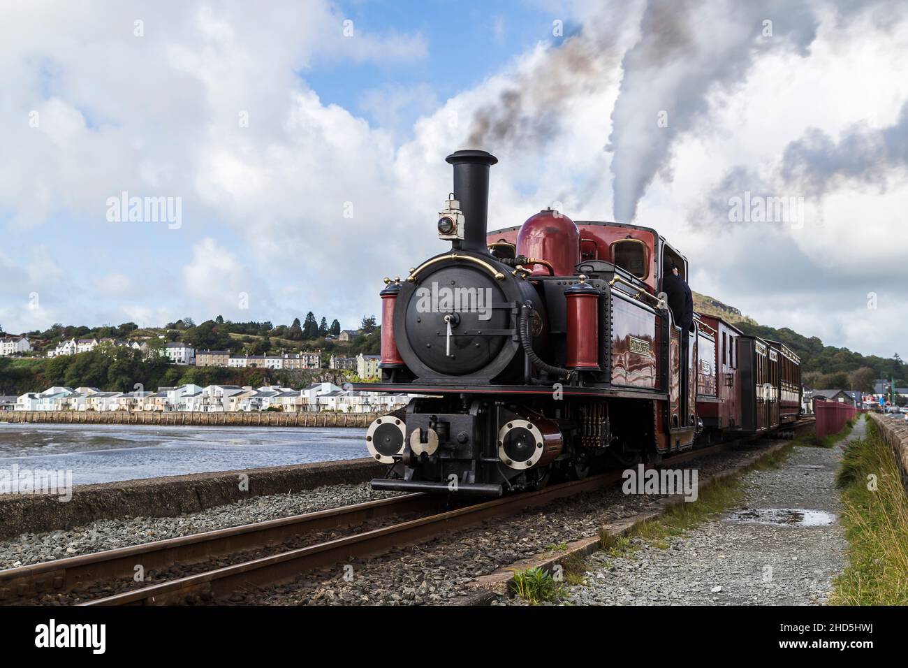 FR Double Fairlie steam train powers away. Stock Photo