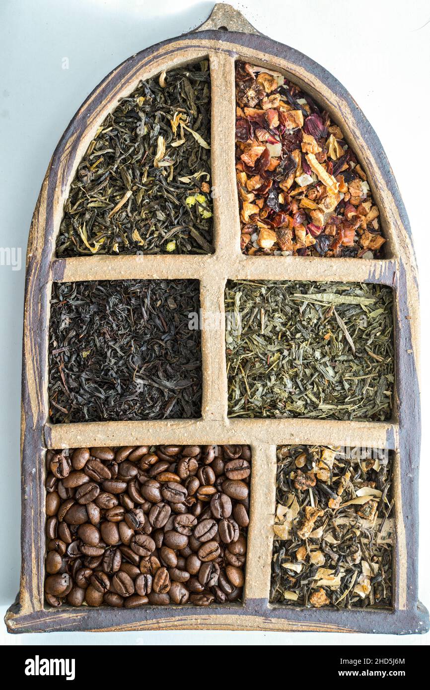 five types of tea, and coffee portioned. Black, green, white and fruit