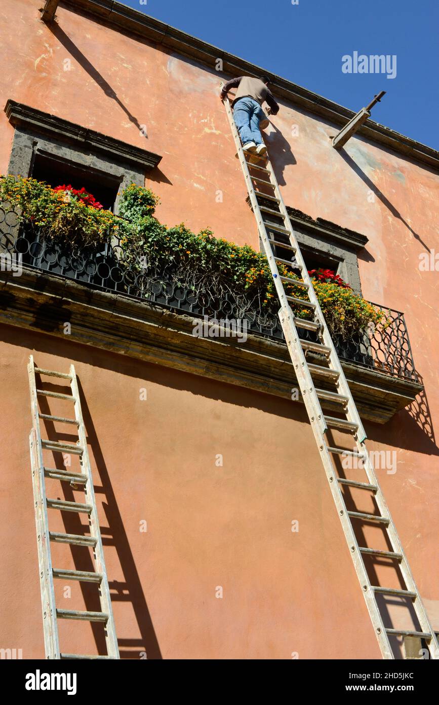 A man on a very tall ladder paints high off the ground to update a building with a balcony of flowers in San Miguel de Allende, Mexico Stock Photo