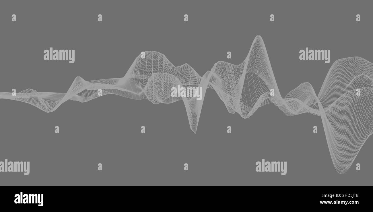 Abstract wireframe waveform on grey background, visualization of sound waves or acoustic concept Stock Photo