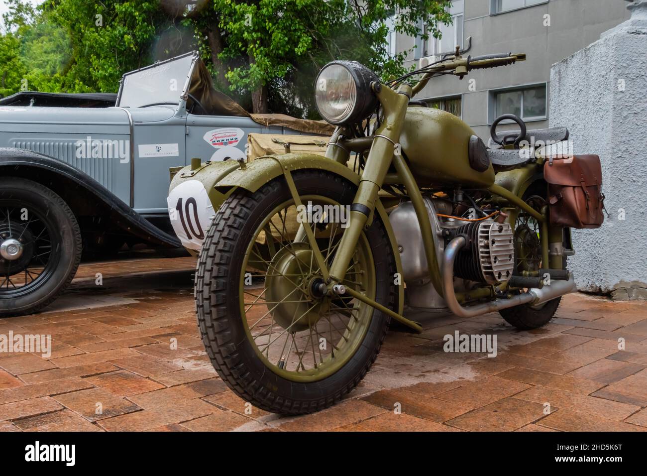 Green military motorcycle at Classic Soviet Car Exhibition Stock Photo