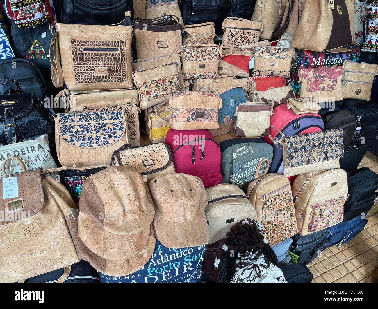 MADEIRA Cork bags  in the Mercado dos Lavradores, Funchal. Photo: Tony Gale Stock Photo