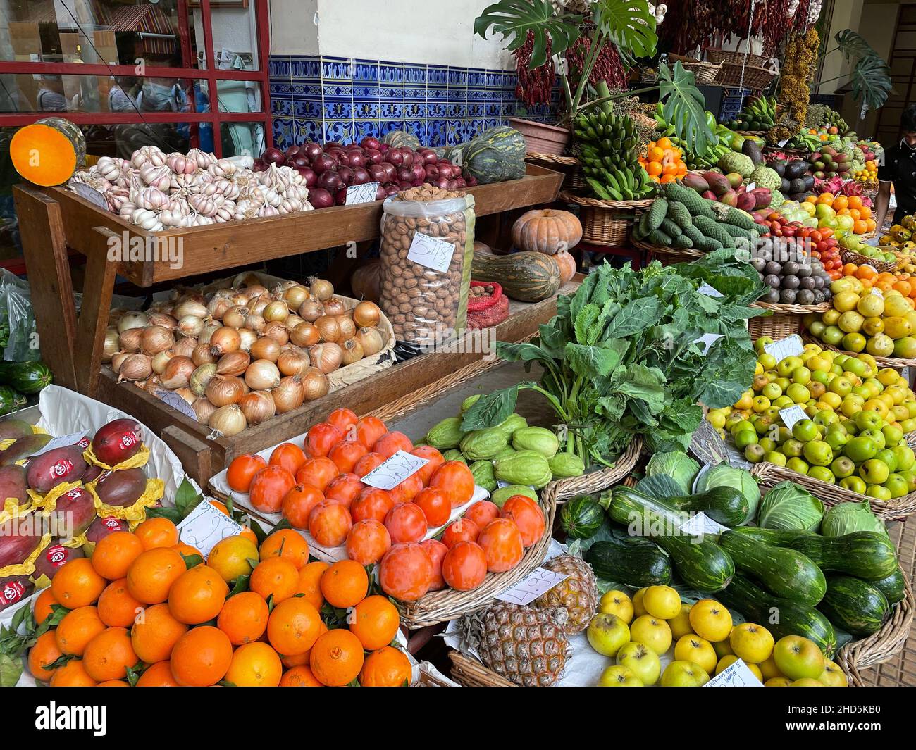 MADEIRA Vegetable display in the Mercado dos Lavradores, Funchal. Photo: Tony Gale Stock Photo