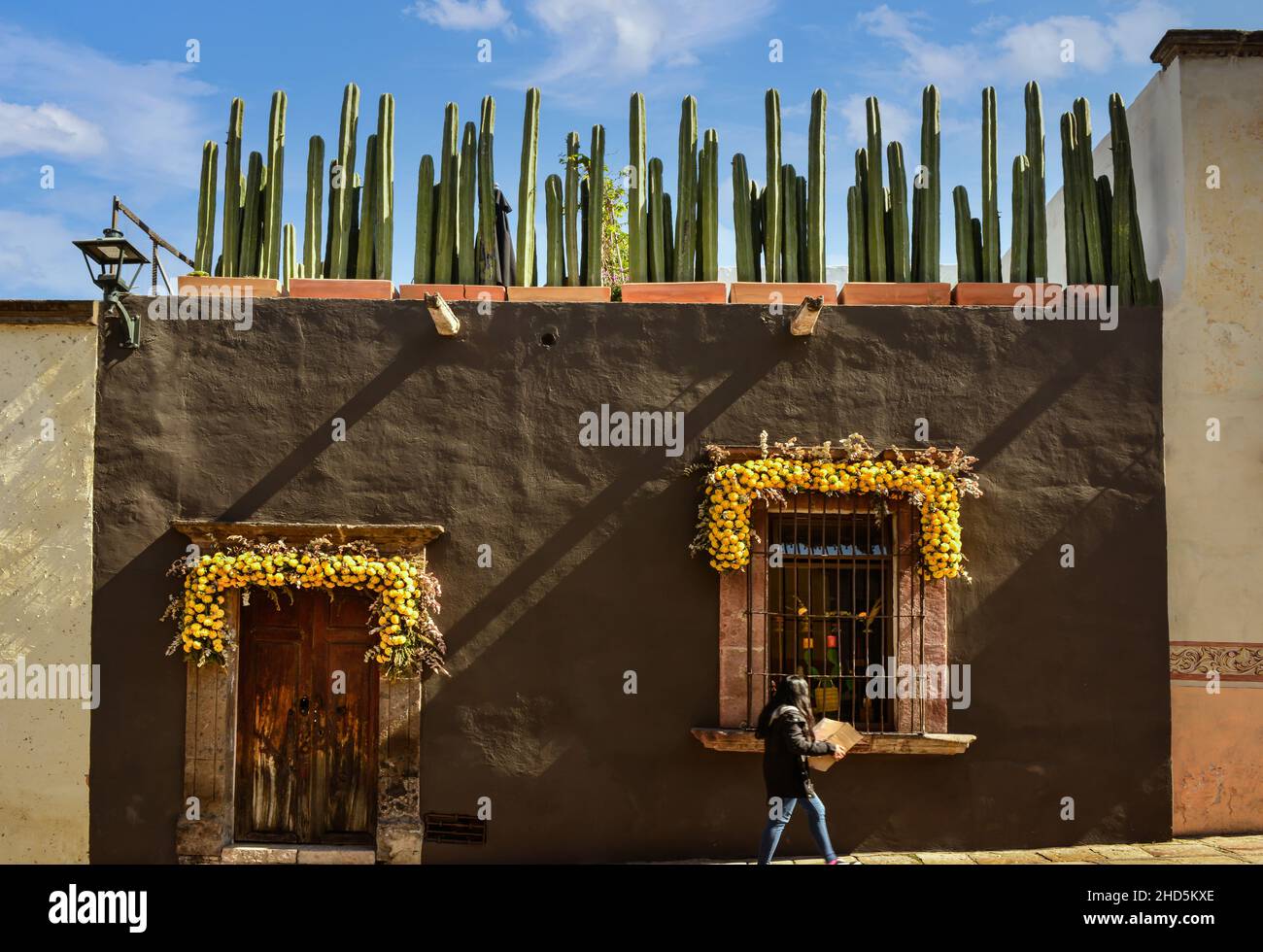 Woman walks by charming building adorned with yellow flower garlands around the doorway entrance and the window with a rooftop garden of potted Mexica Stock Photo