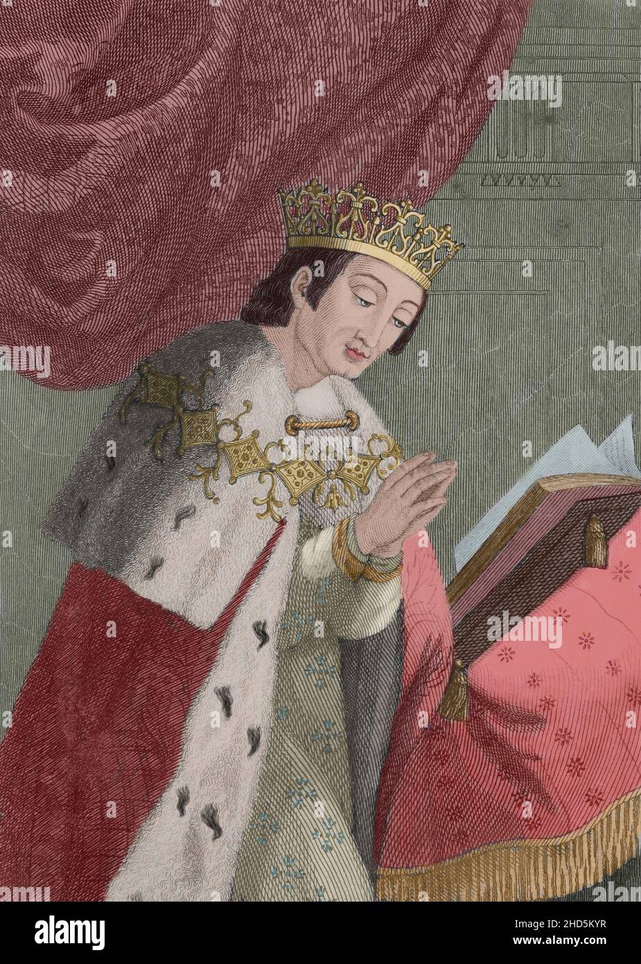 Alfonso VIII of Castile (1155-1214), called the Noble or the one of the Navas. King of Castile from 1159 and King of Toledo. Portrait. Engraving by Antonio Roca. Later colouration. Las Glorias Nacionales, 1853. Later colouration. Author: Antonio Roca Sallent (1813-1864). Spanish engraver. Stock Photo