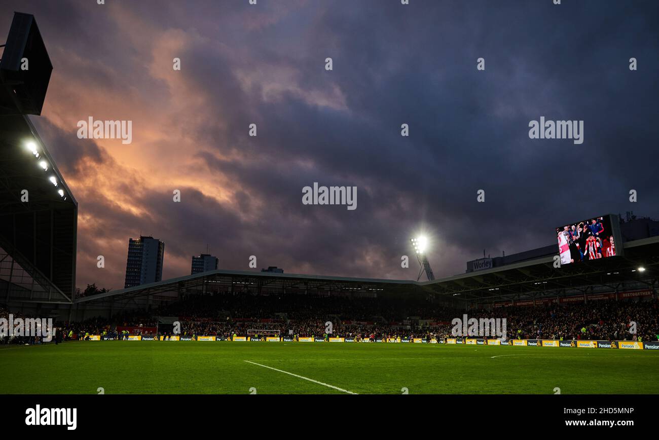 BRENTFORD, ENGLAND - JANUARY 02: A general view of the the stadium after the Premier League match between Brentford and Aston Villa at Brentford Community Stadium on January 2, 2022 in Brentford, England. (Photo by Ben Peters/MB Media) Stock Photo