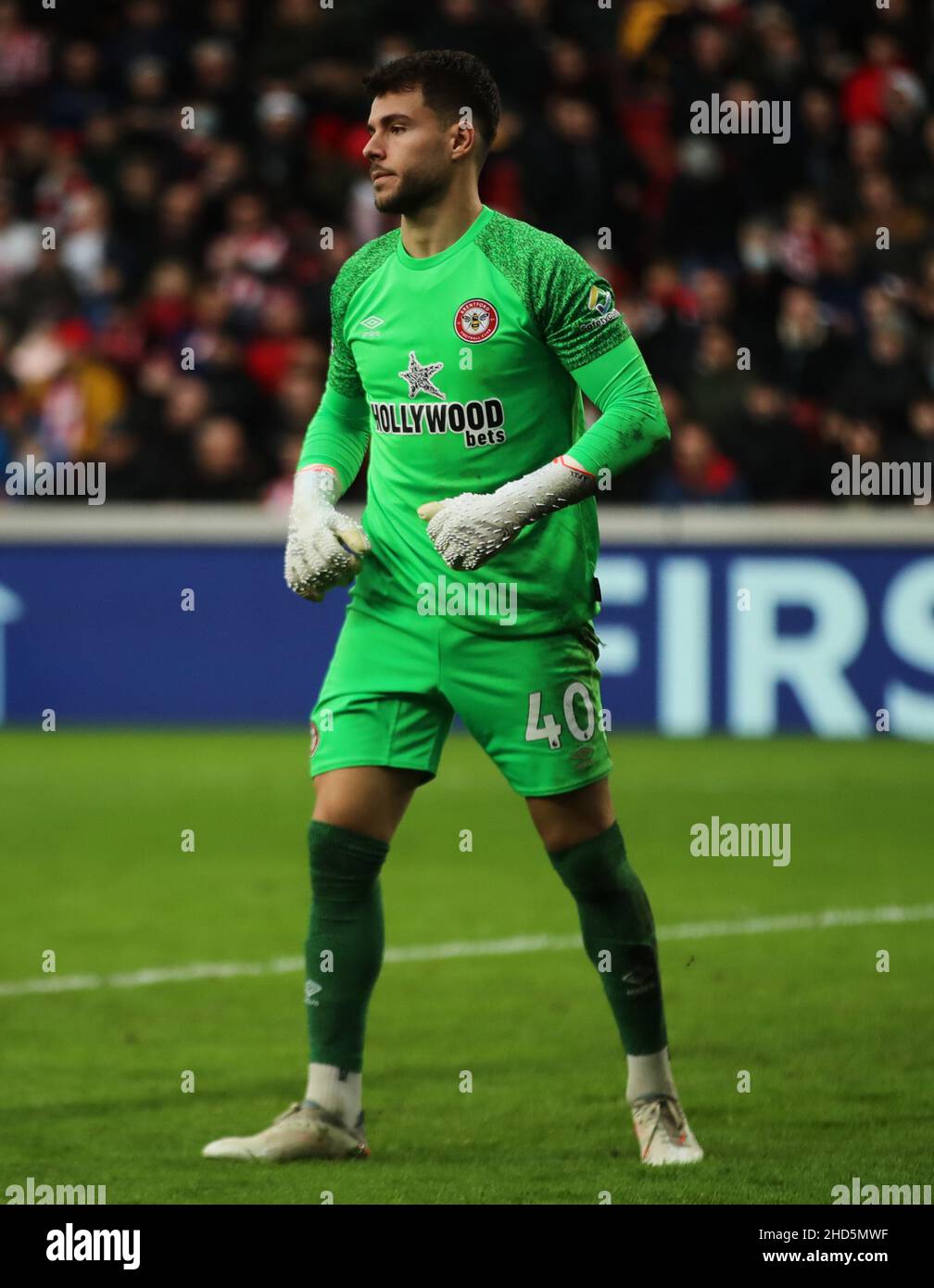 BRENTFORD, ENGLAND - JANUARY 02: Brentford goalkeeper Álvaro Fernández during the Premier League match between Brentford and Aston Villa at Brentford Community Stadium on January 2, 2022 in Brentford, England. (Photo by Ben Peters/MB Media) Stock Photo