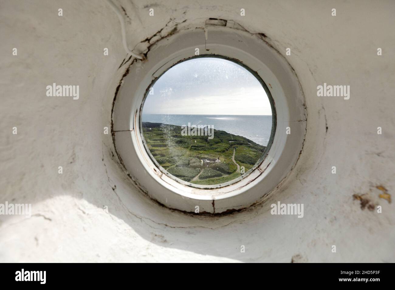 bunker museum seen through a window of the Hirtshals lighthouse, Hirtshals Fyr, Jylland, Denmark Stock Photo