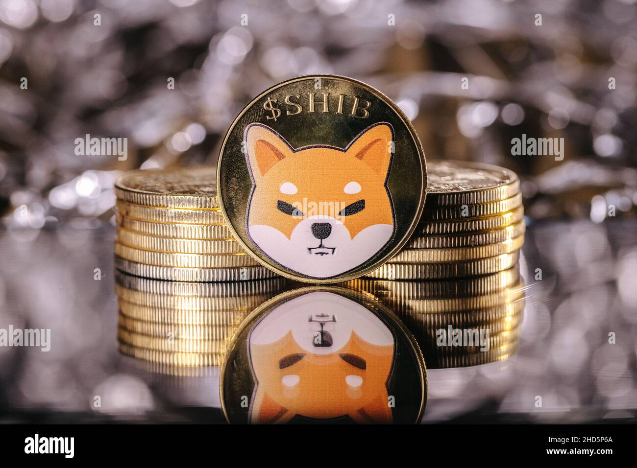 Shiba Inu cryptocurrency, physical coin in front of an abstract background Stock Photo