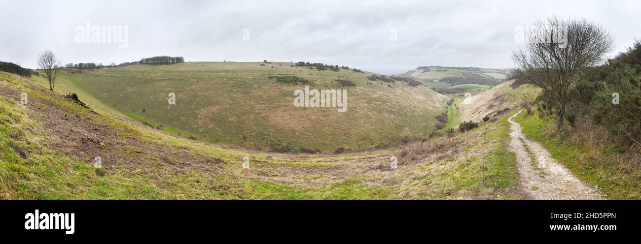 Panorama of Devil's Dyke on the South Downs of England, UK. The landscape shows the path running up the middle of the dyke. Stock Photo