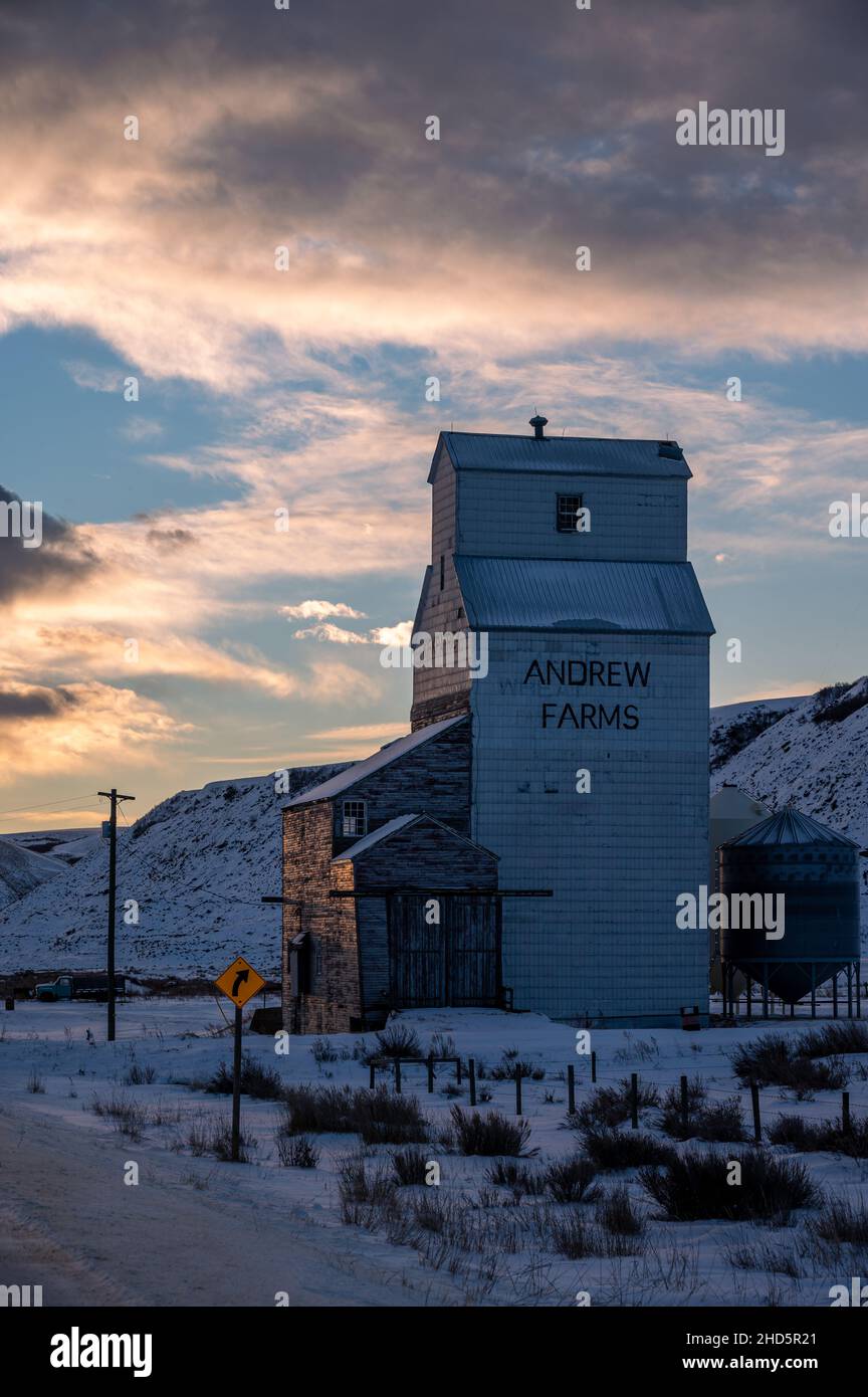 Drumheller, Alberta January 2, 2022 Andrew Farms grain elevator outside Drumheller Stock