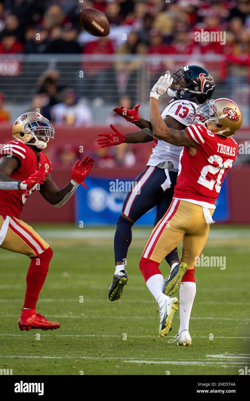 Cornerback (20) Ambry Thomas of the San Francisco 49ers warms up before  playing against the Houston Texans in an NFL football game, Sunday, Jan. 2,  2022, in Santa Clara, CA. 49ers defeated