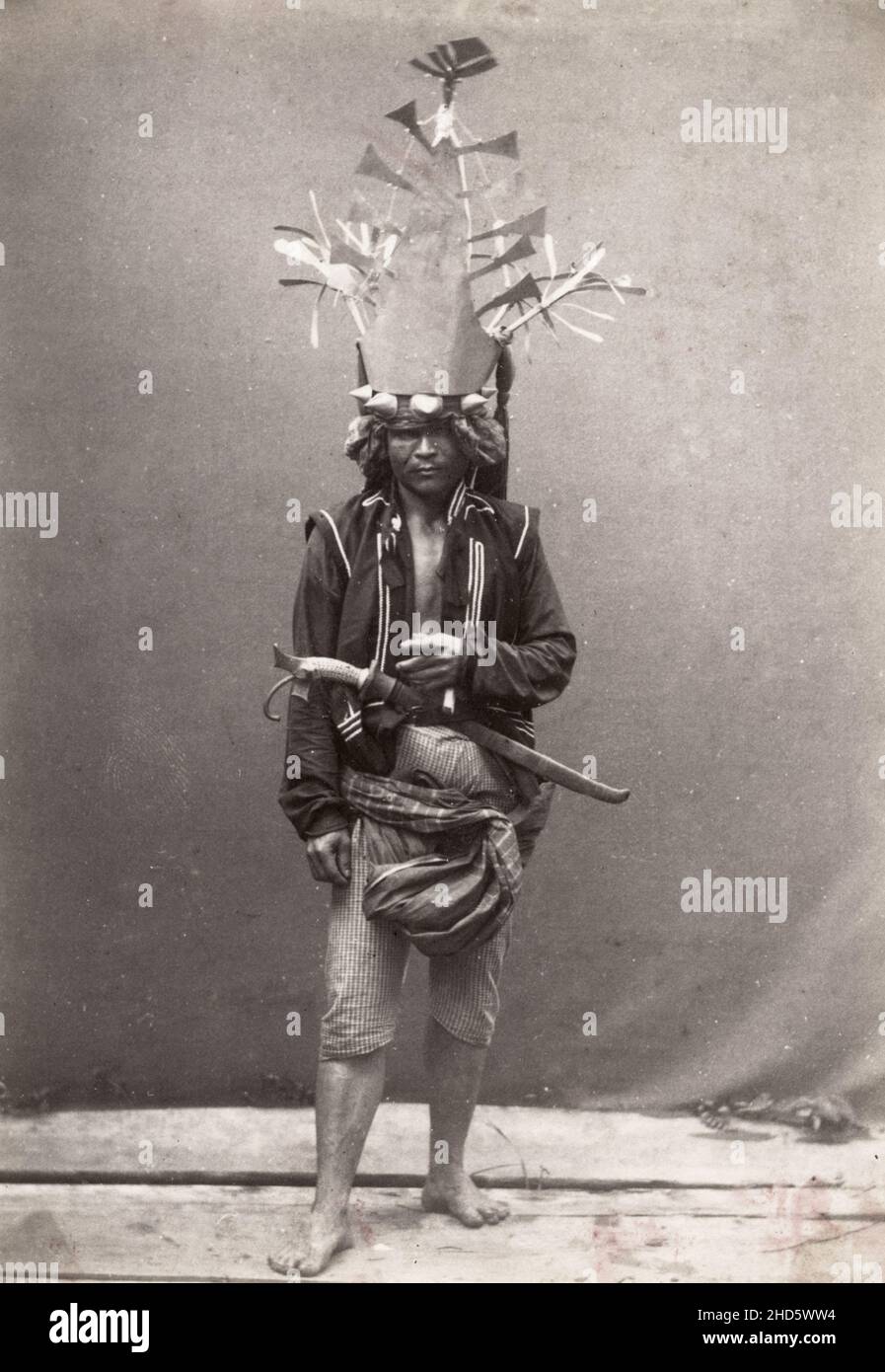 Vintage 19th century photograph:  Warrior, soldier from the island of Formosa, Taiwan, China. Stock Photo