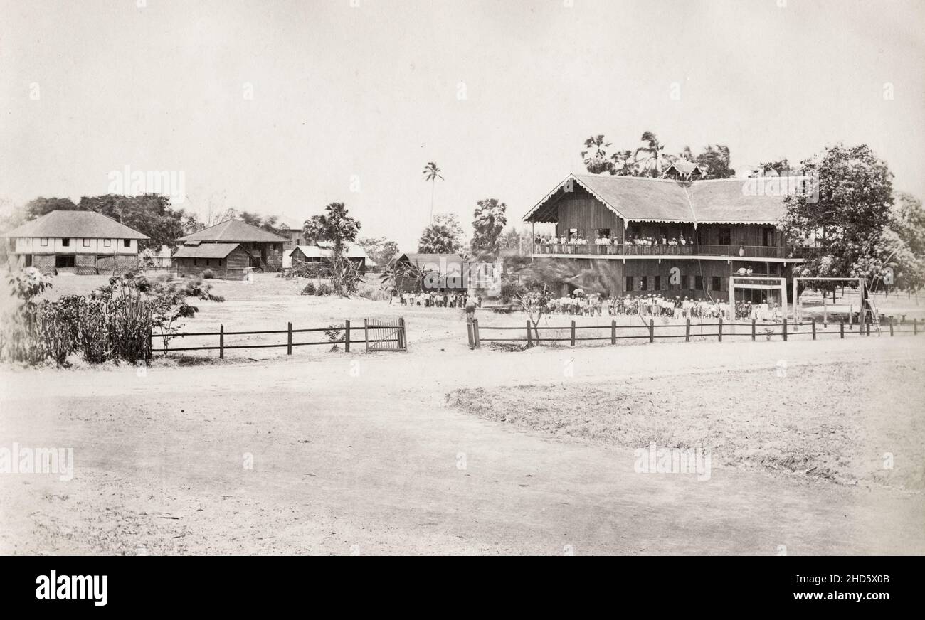Vintage 19th century photograph School house, Bassein, Pathein, Burma