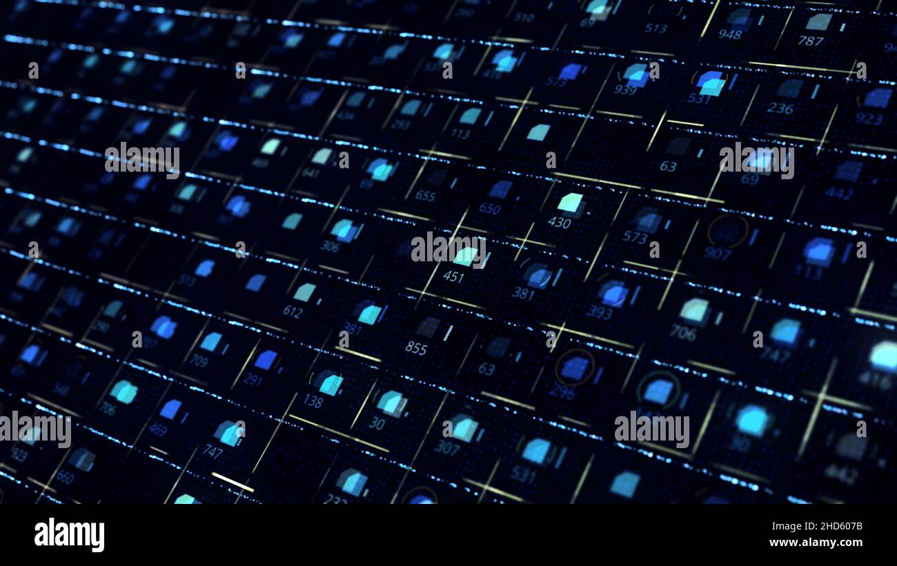 Futuristic background of signals moving across blue circuit board. Circuit Board with flares, technology and digital devices concept. Stock Photo