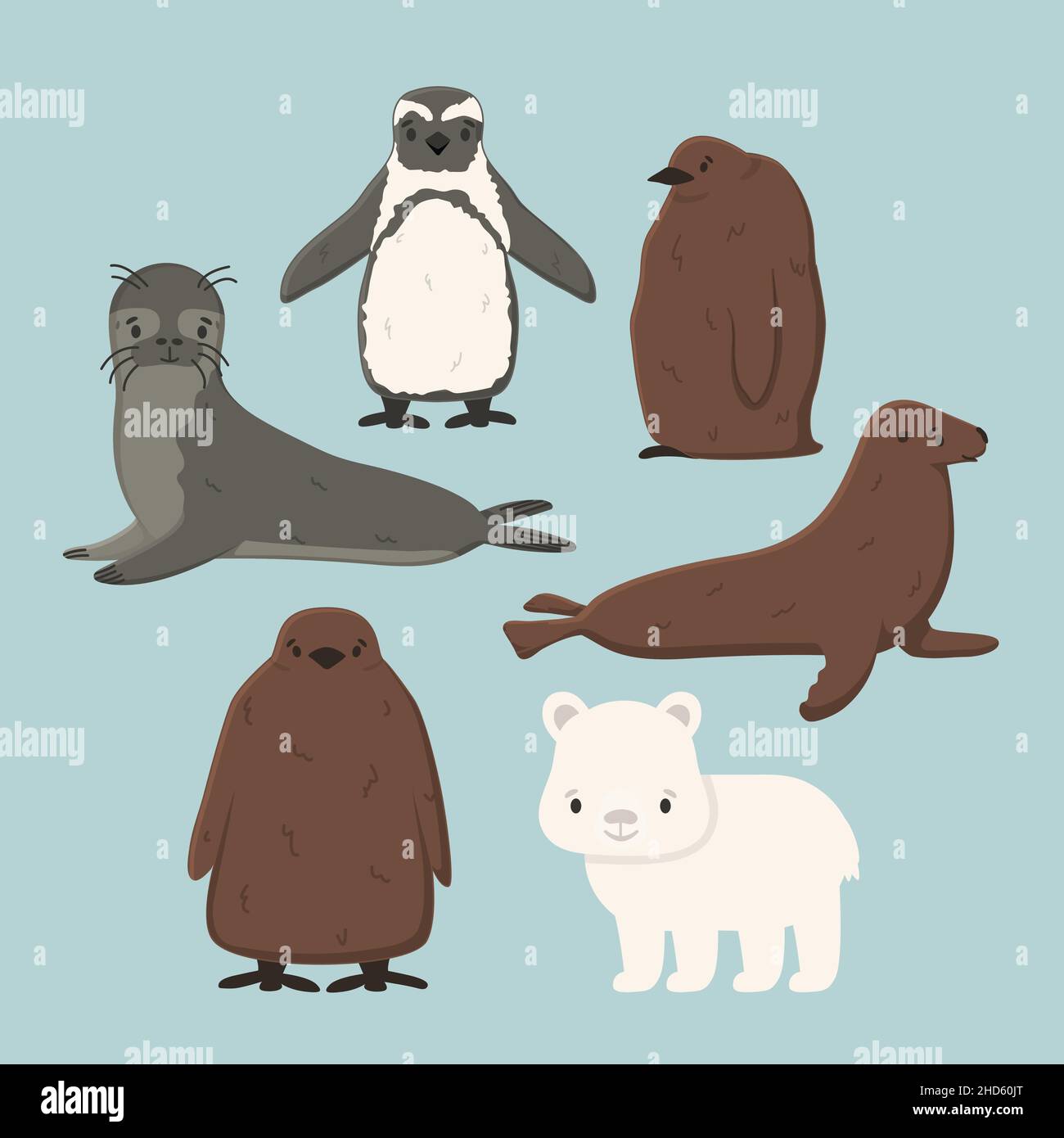 Set of vector Penguin, king penguin chick, fur seal, polar bear cub, small common seal. Isolated small cartoon cute sea and ocean animals for kids boo Stock Vector