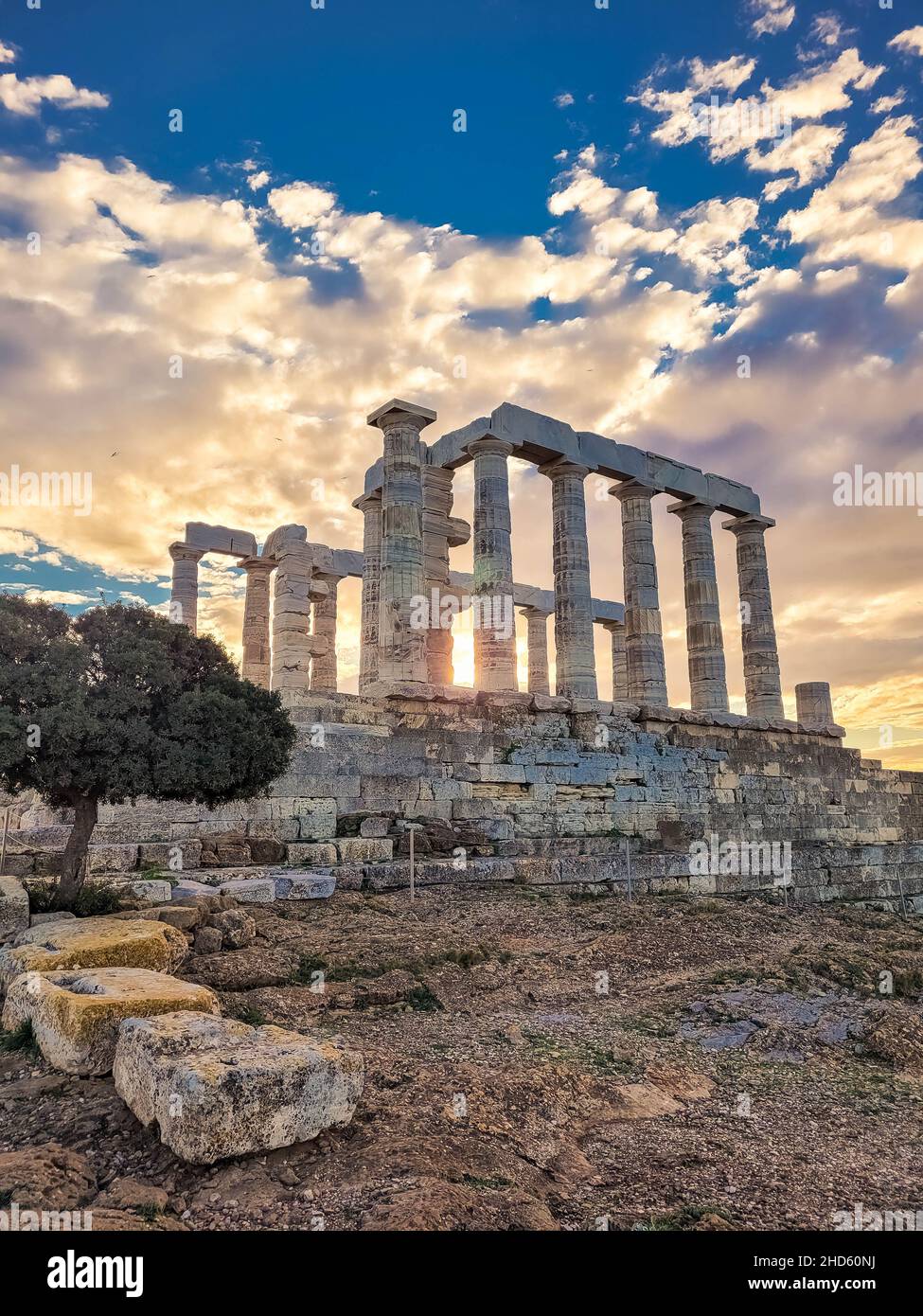 The Temple of Poseidon at Cape Sounion at sunset, over the Aegean Sea ...