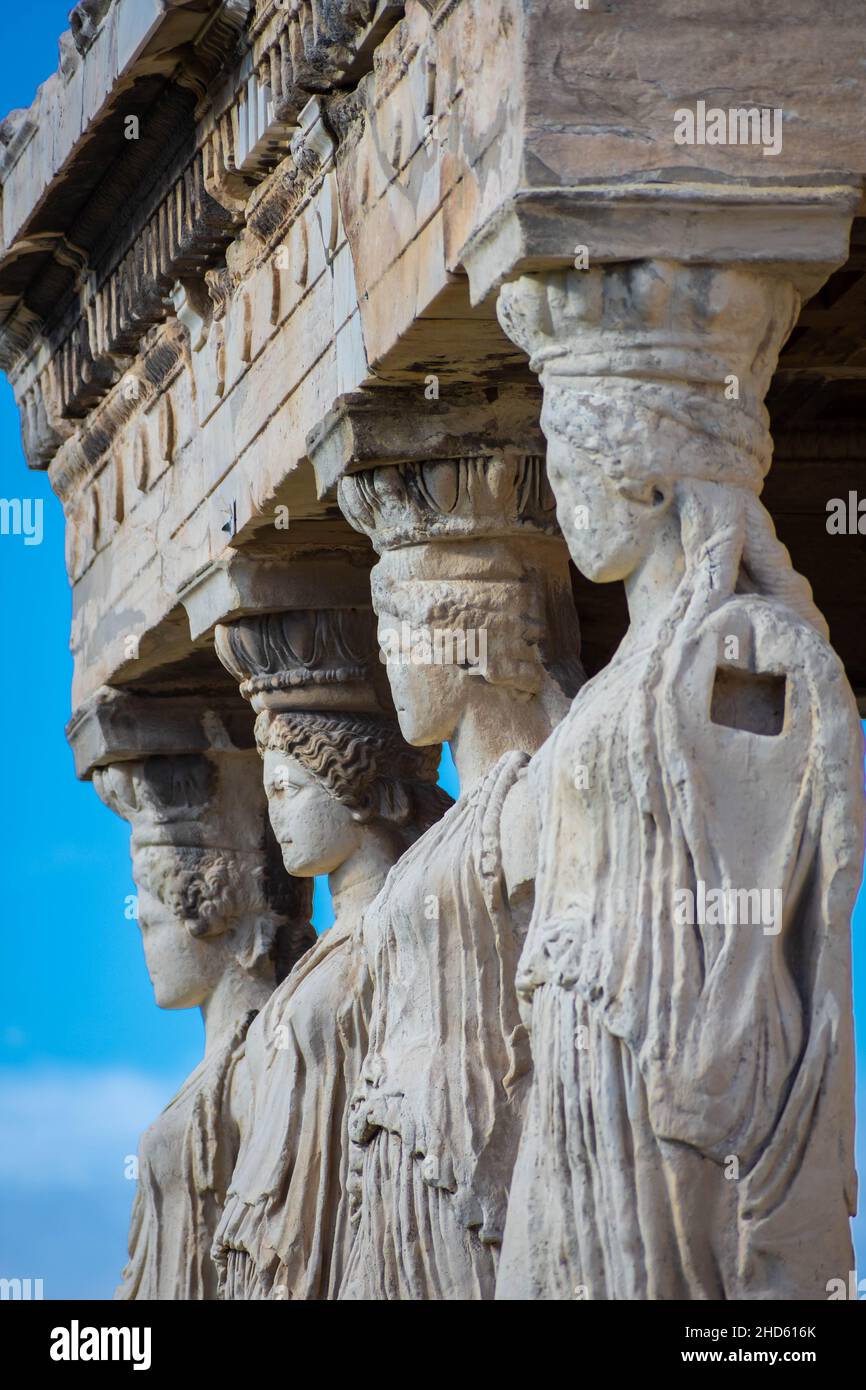 The Caryatides, female statues in the Acropolis of Athens, Greece Stock