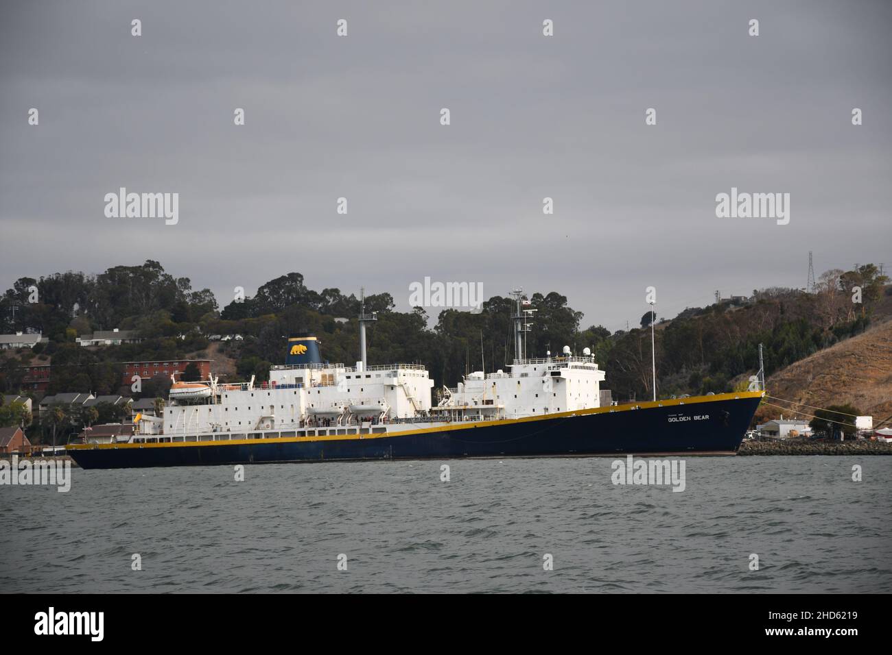 Training Ship Golden Bear. Cal Maritime. Commercial freight and container ships in San Francisco and San Pablo Bay, California Stock Photo