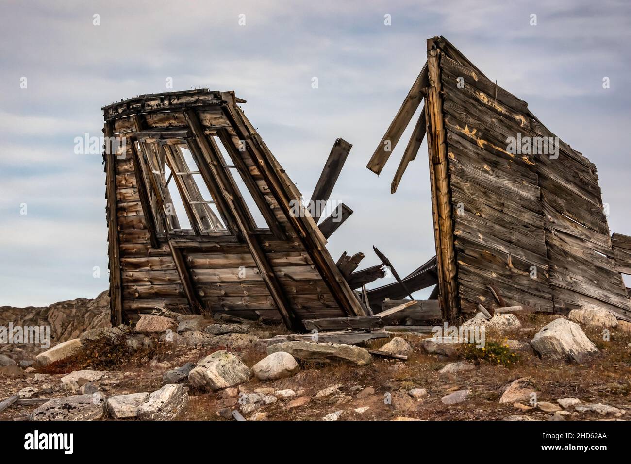 All that's left of an old hunting and whaling cabin, Danmark O, Scoresby Sund, East Greenland Stock Photo