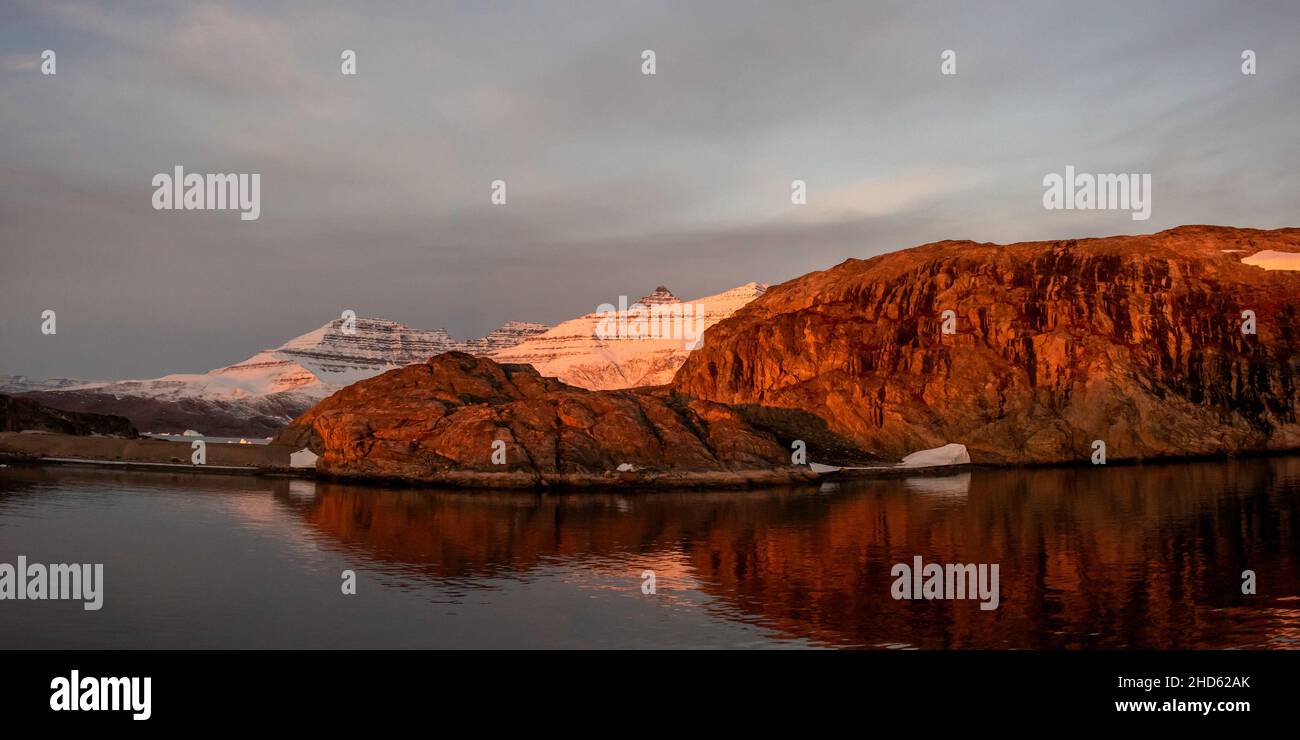 Danmark Island and Gaseland at sunrise, Scoresby Sund, East Greenland Stock Photo