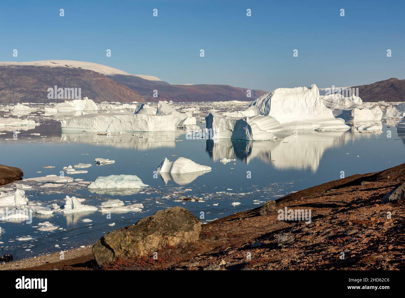 Rodefjord seen from Rode O with ice flows from Vestfjord Gletcher, Scoresby Sund, East Greenland Stock Photo