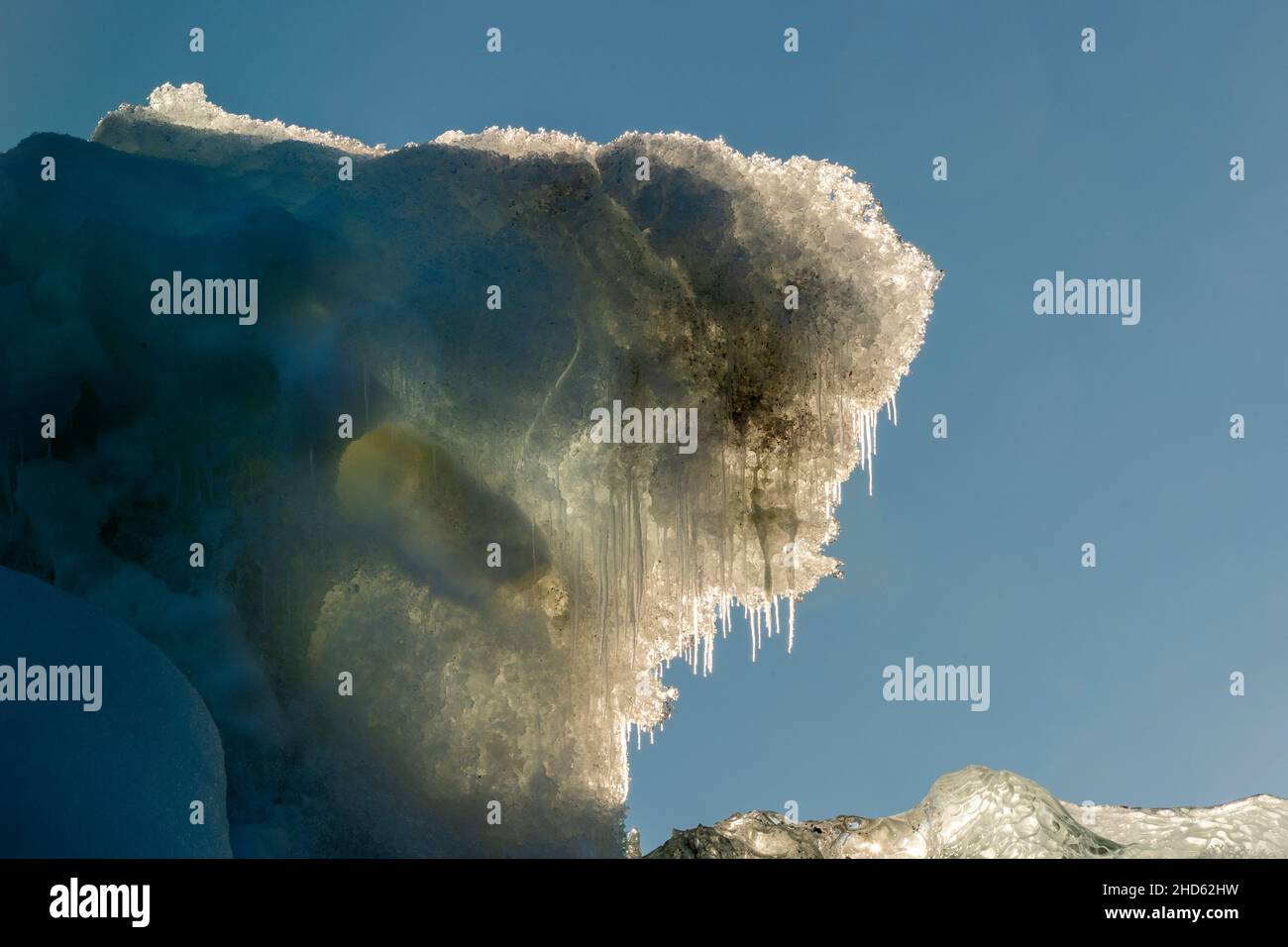 Ice mushroom on an old crystalline iceberg, Rodefjord, Scoresby Sund, Greenland Stock Photo