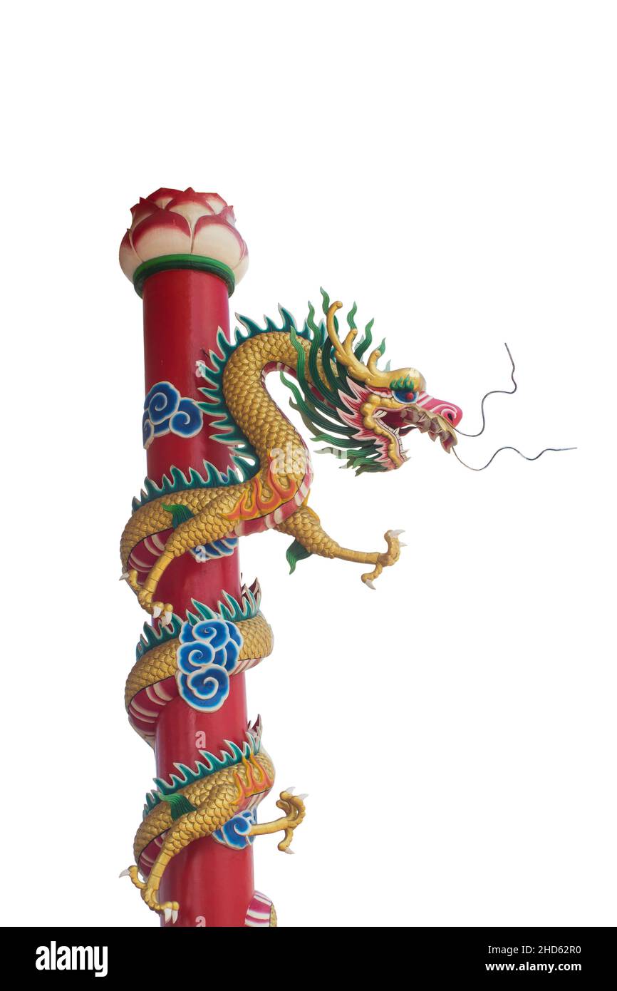 Chinese dragon sculpture statue thousand pillar lotus isolated on white background. Stock Photo