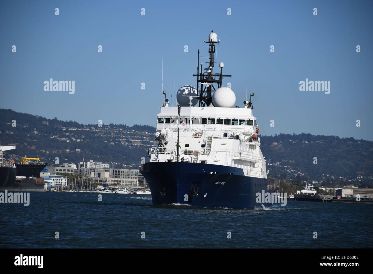 Research/Survey vessel Sally Ride in Port of Oakland, California. Ship underwent repairs at Bay Ship, Alameda. Scripps Institution of Oceanography Stock Photo
