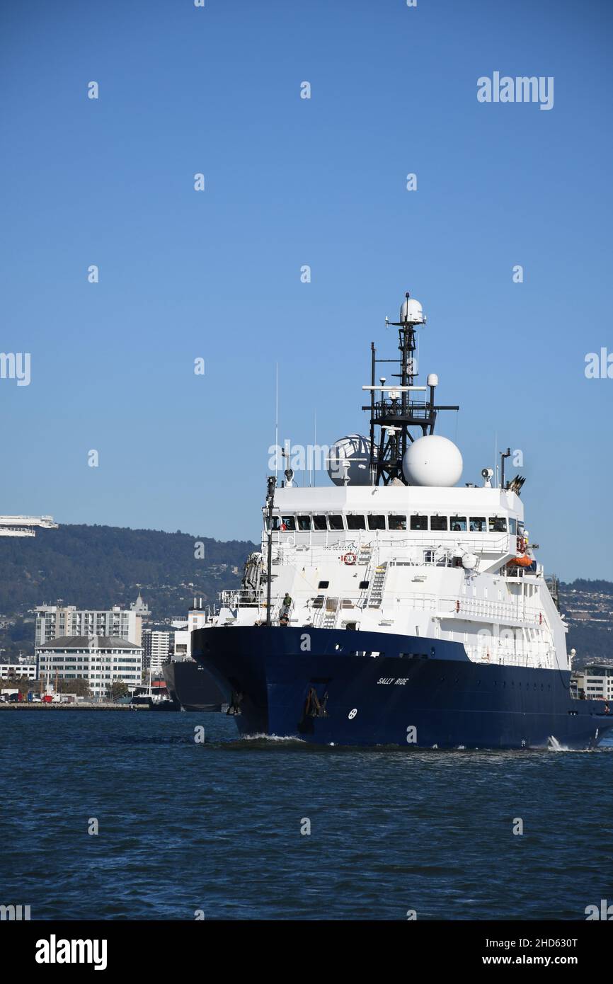 Research/Survey vessel Sally Ride in Port of Oakland, California. Ship underwent repairs at Bay Ship, Alameda. Scripps Institution of Oceanography Stock Photo