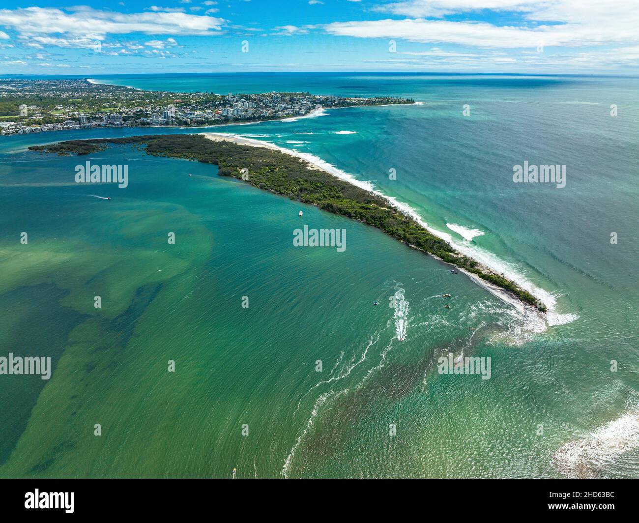 Aerial image of Bribie Island divided in two by huge king tide in combination with ex tropical