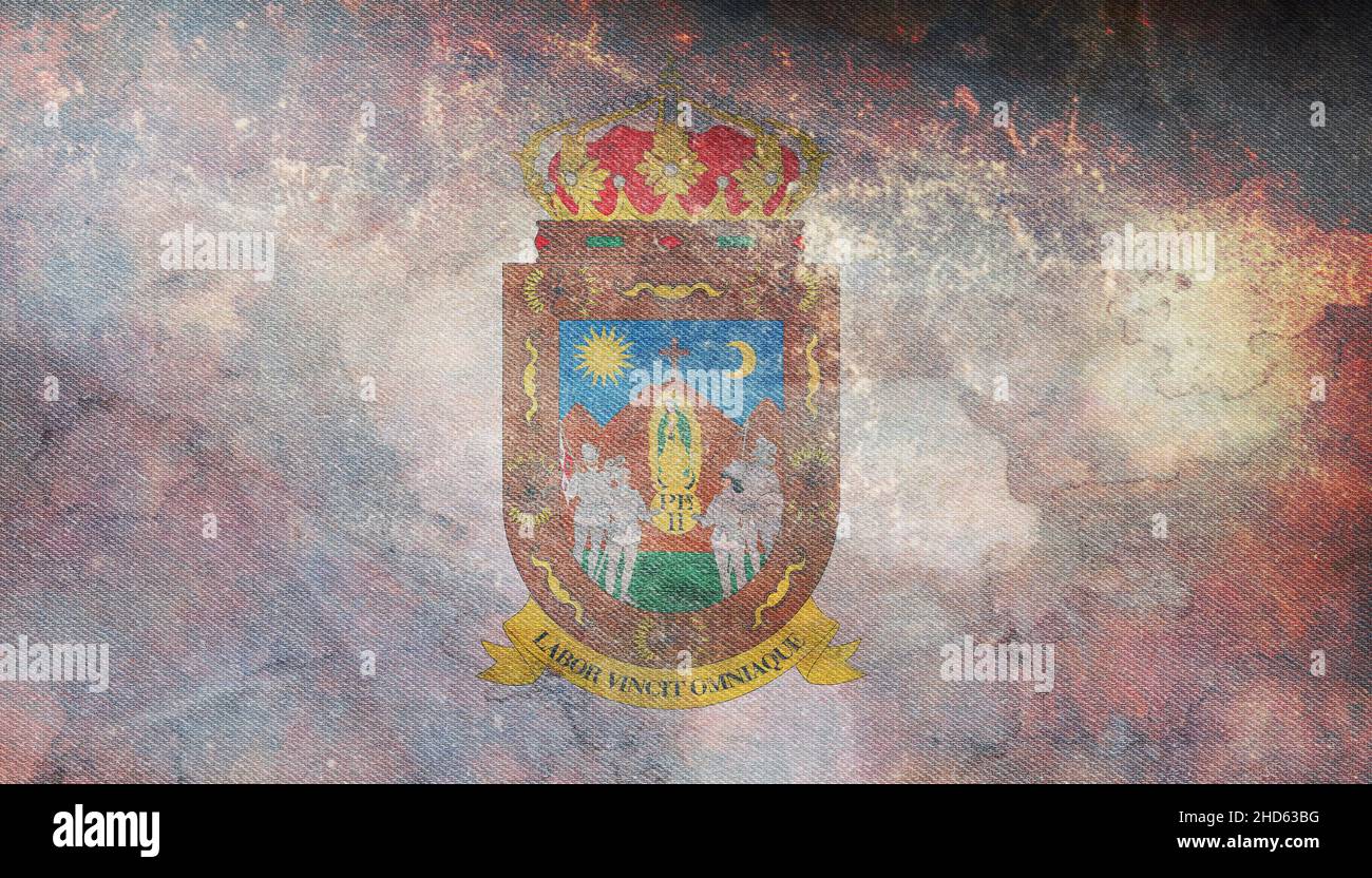 Top view of flag Zacatecas, Mexico. retro flag with grunge texture. United Mexican States patriot and travel concept. no flagpole. Plane design, layou Stock Photo