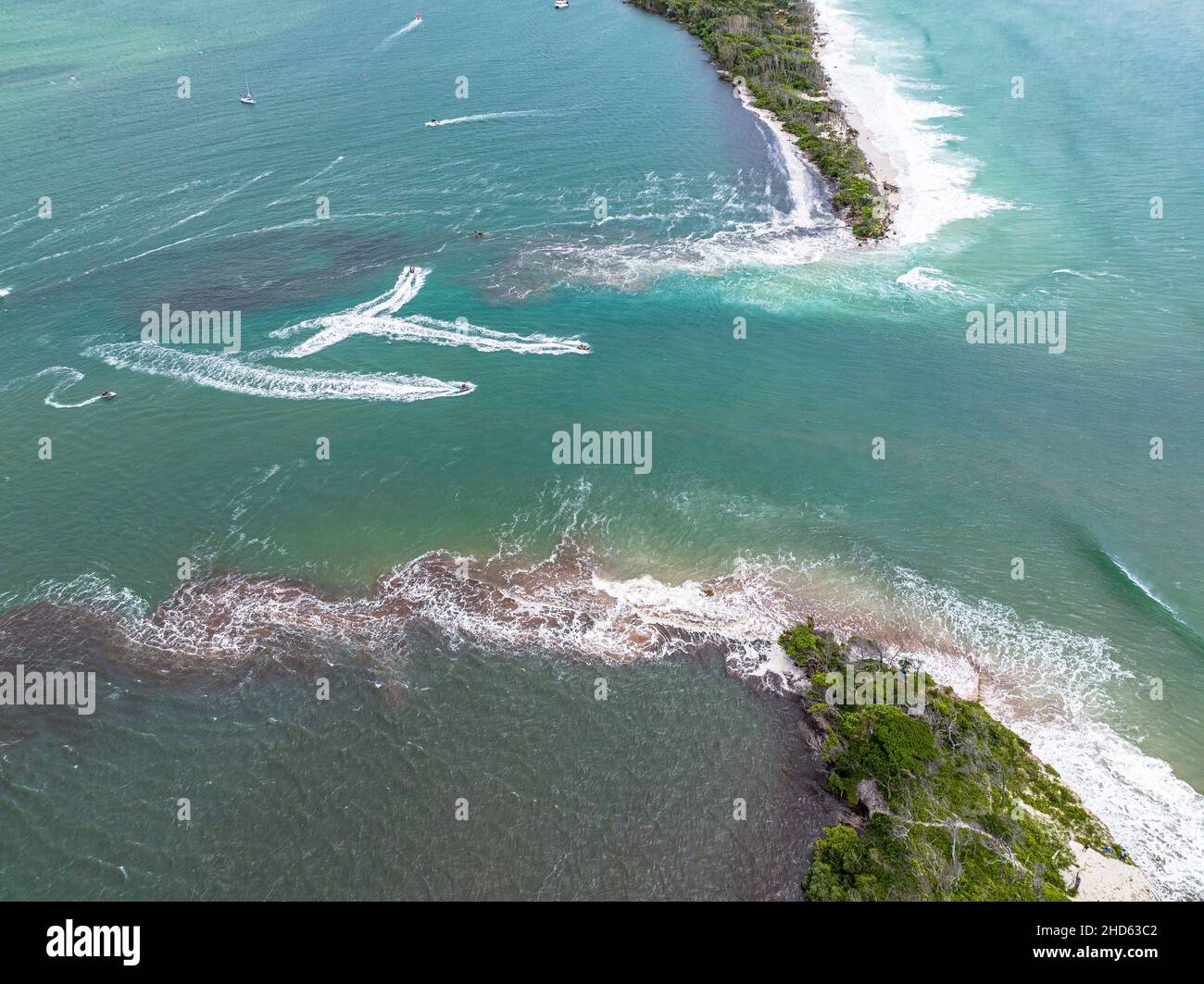 Aerial image of Bribie Island divided in two by huge king tide in combination with ex tropical cyclone Seth. Caloundra, QLD, Australia Stock Photo