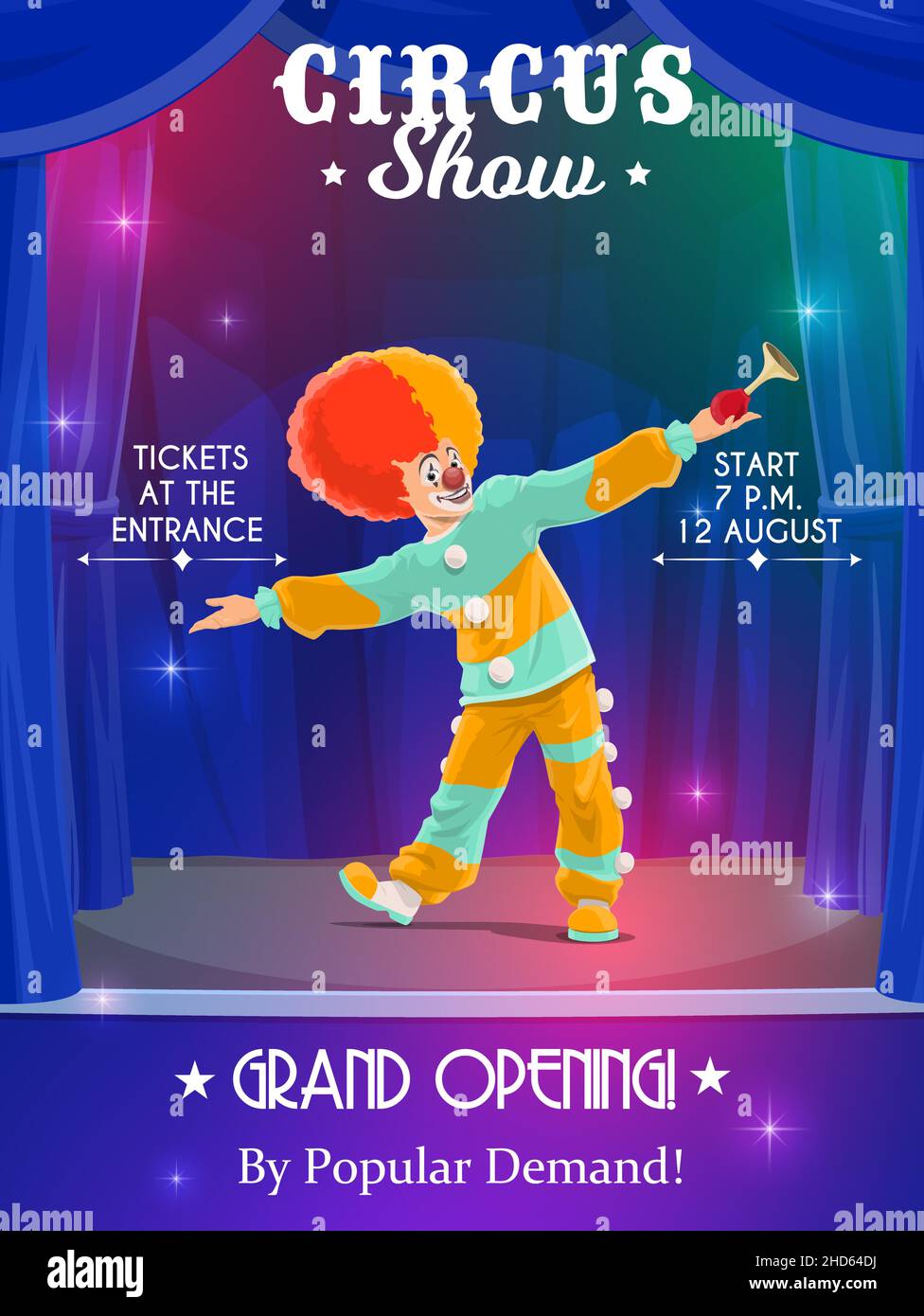 Shapito circus vector poster with cartoon clown on stage of amusement ...