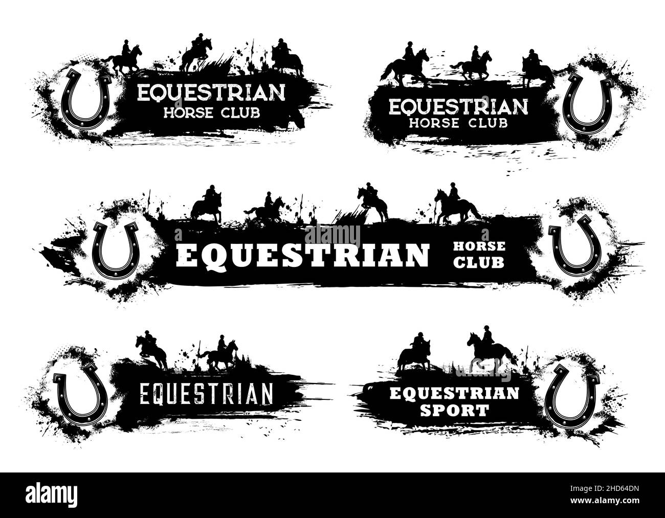 Horse racing, polo and riding equestrian sport grunge vector banners. Race horse, jockey or horseback rider, horseshoe and equine harness black silhou Stock Vector