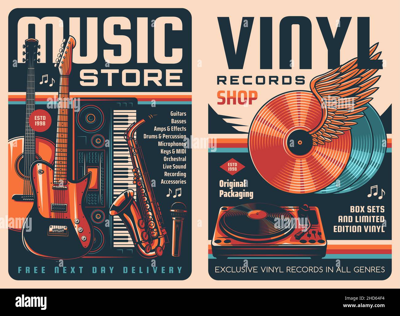 Vinyl records and music store retro posters. Vintage music records shop, musical instruments and equipment store vector banners with guitars, MIDI key Stock Vector