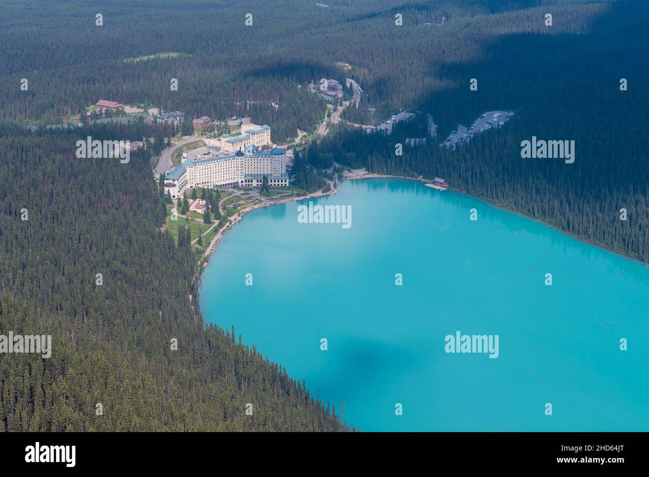 Amazing aerial shot of fairmont chateau Lake Louise, Banff National Park, Alberta, Canada. Stock Photo