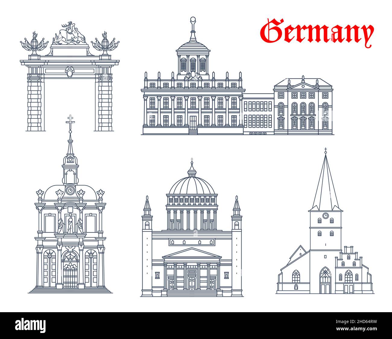 Germany architecture, Potsdam and Bonn travel landmark vector buildings. Germany St Remigius church in Bonn, Nikolaikirche or Saint Nikolai cathedral, Stock Vector