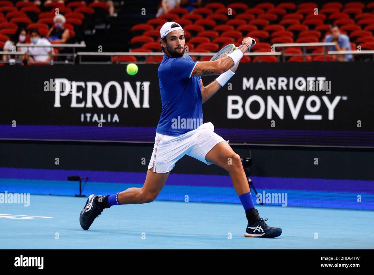 Sydney, Australia. 04th Jan, 2022. Matteo Berrettini of Team Italy plays a  shot against Ugo Humbert of Team France during the ATP Cup at Qudos Bank  Arena, Sydney Olympic Park Tennis Centre,