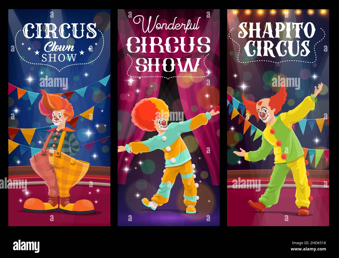Shapito circus clowns and harlequin characters. Cartoon vector jesters ...
