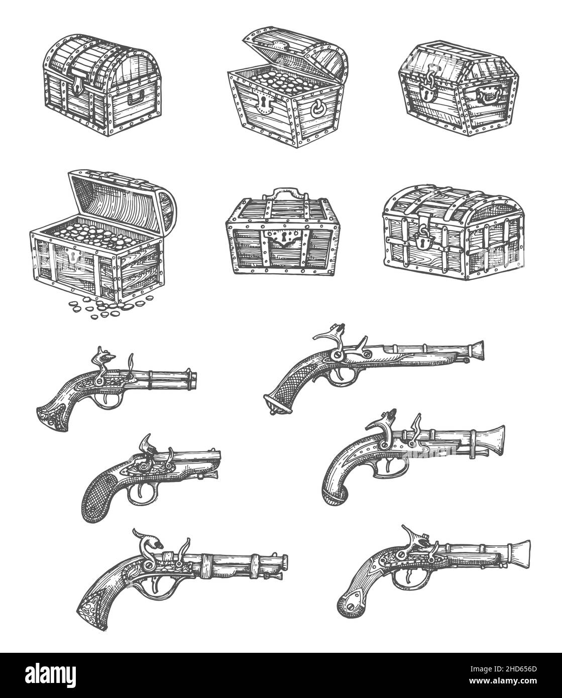 Vintage isolated pirate chest and musket gun vector sketches. Hand drawn pirate treasure chests or boxes full of gold coins and jewelry with locks, ol Stock Vector