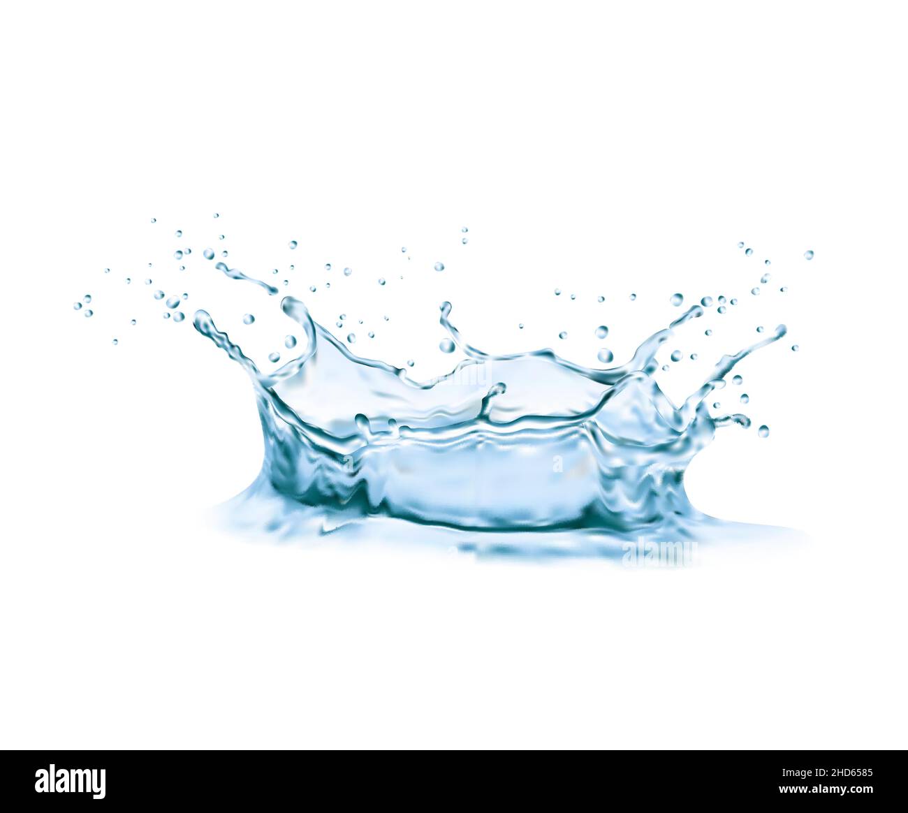 Water crown splash with swirl and drops 3d. Blue liquid water surface