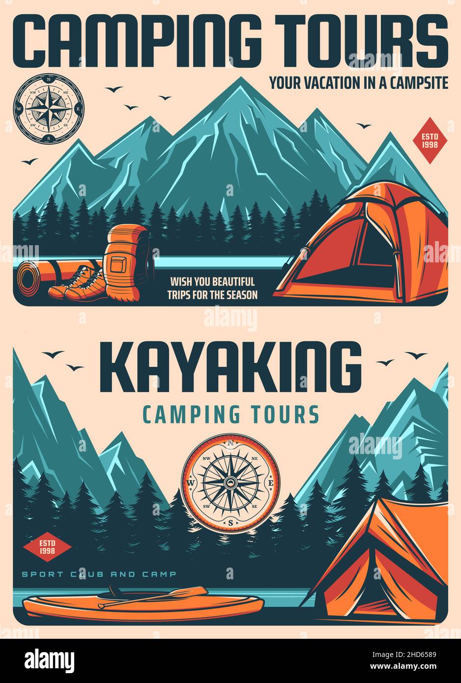 Travel and kayaking sport retro posters. Camping and hiking tours