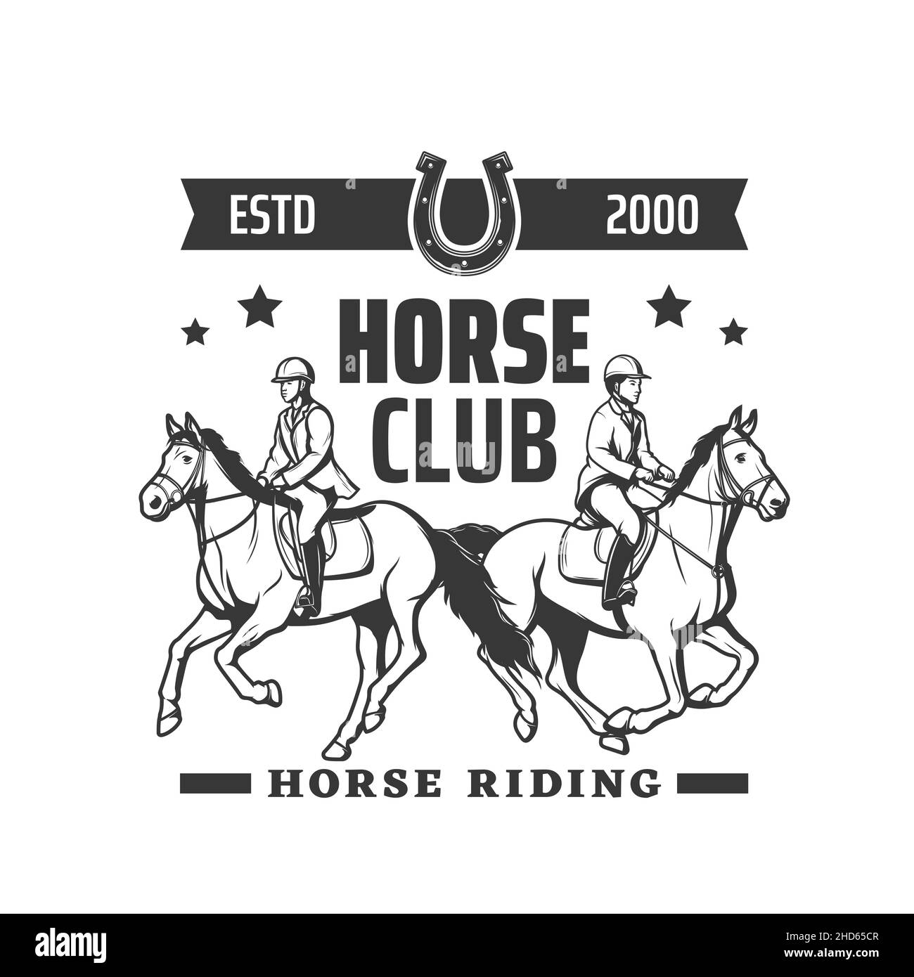 Equestrian sport vector icon of horse riding club design. Racing horses and jockeys isolated symbol with racehorses, horseshoe and horseback rider hel Stock Vector