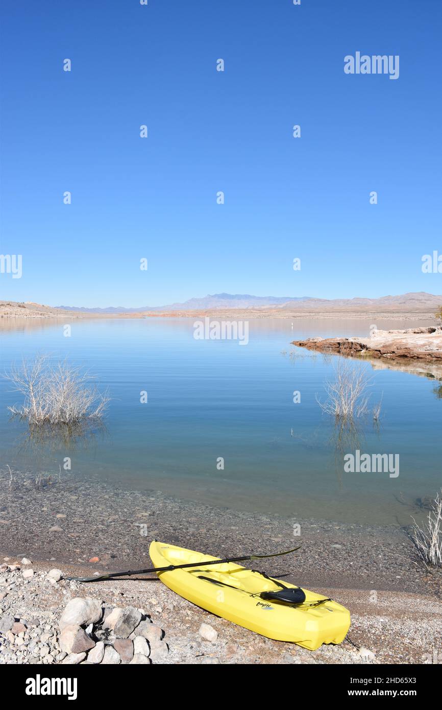 Kayaking from the shore of Lake Mead from Echo Bay, Nevada. Stock Photo