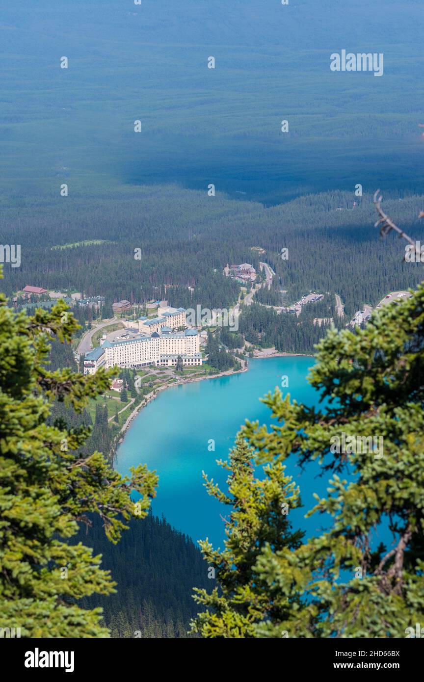 Aerial view of Fairmont Chateau Lake Louise at Banff National Park ...
