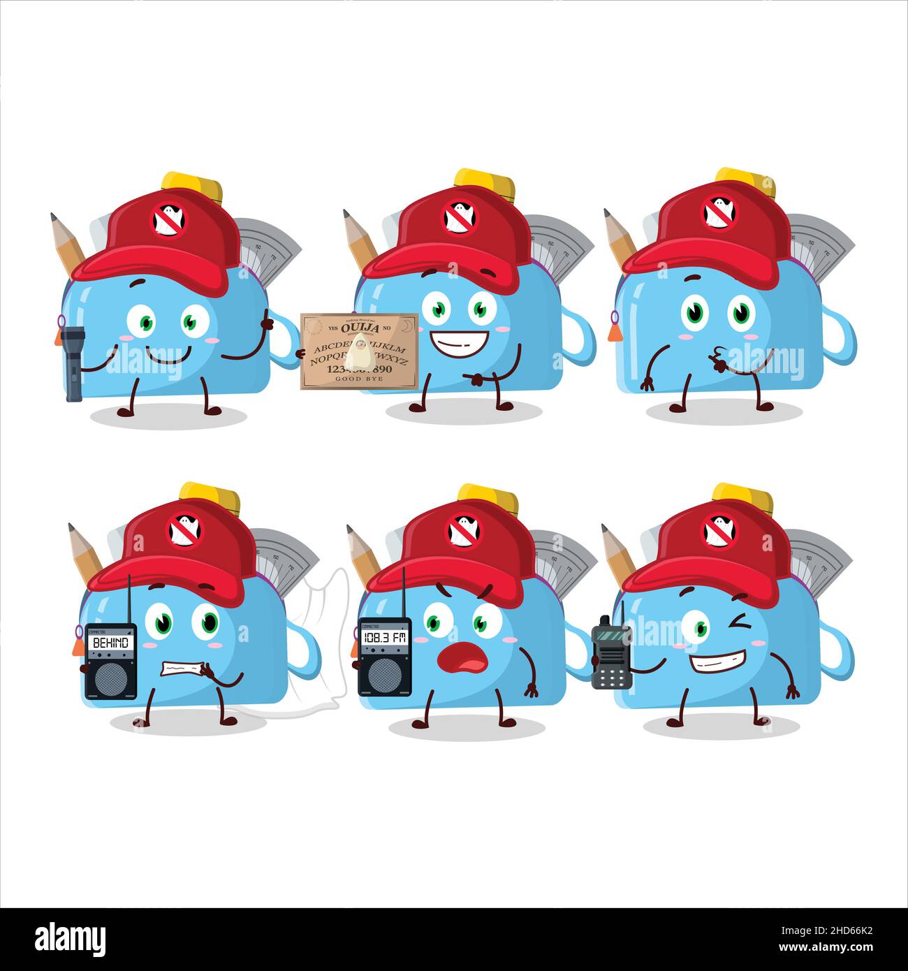 Ghost hunter cartoon blue pencil case character using camera. Vector illustration Stock Vector